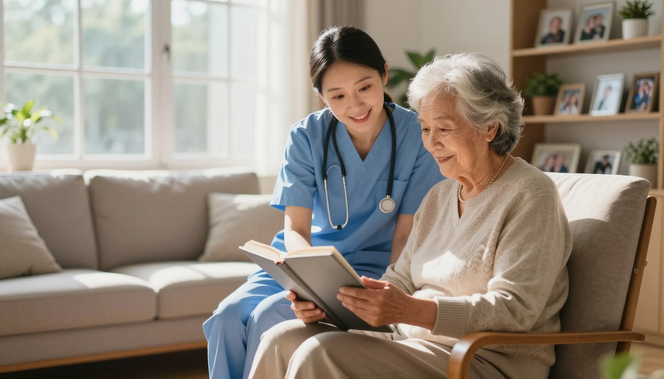 a professional caregiver assisting an elderly person in a comfortable chair