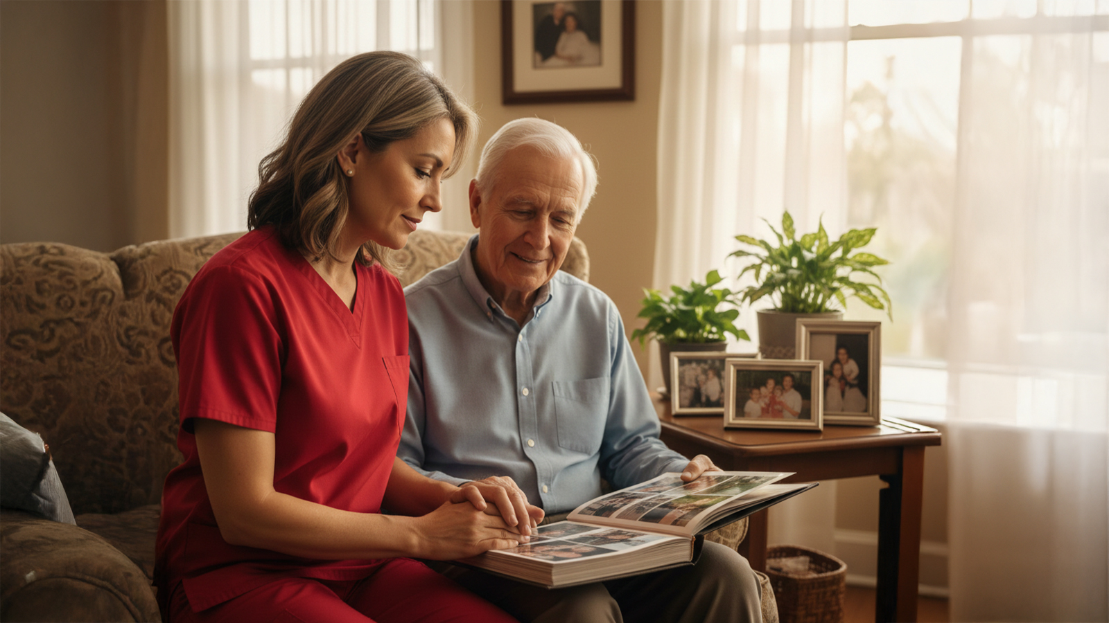 Home Care Aide looking through photo album with Alzheimer's patient